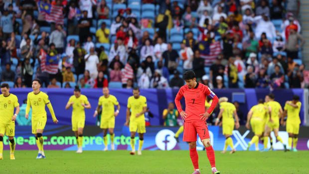 South Korea captain Son Heung-min pictured with his hands on his hips after his team drew 3-3 with Malaysia at the 2023 AFC Asian Cup in January 2024